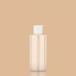 Clear PET short cylindrical bottle with a white flip-top cap.