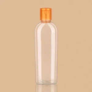 100ml Alpha PET clear plastic hair oil bottle with orange flip-top cap.