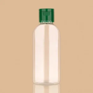 100ml clear PET plastic bottle with a green flip-top cap.