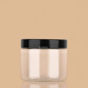 200gm clear PET gel jar with a sleek black screw cap and subtle logo.
