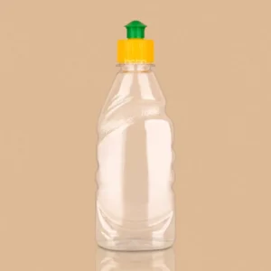 Clear 250ml PET plastic bottle with a yellow and green pull-push cap.