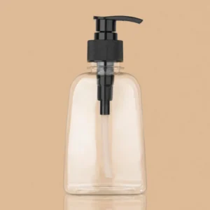 Empty 250ml clear PET oval plastic bottle with a black lotion pump dispenser.