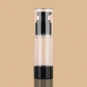 30ml clear acrylic airless pump bottle with black internal pump and base.