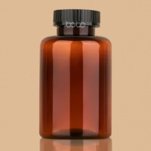 500cc amber plastic tablet bottle with a black ribbed child-resistant cap