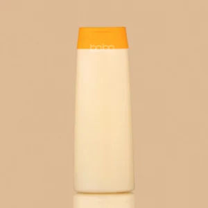 Option: A 70ml A-shape pale yellow HDPE lotion bottle with a bright orange flip-top cap, featuring the bobo brand logo.