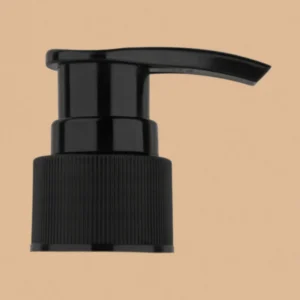 Black plastic lotion pump dispenser head with ribbed collar.