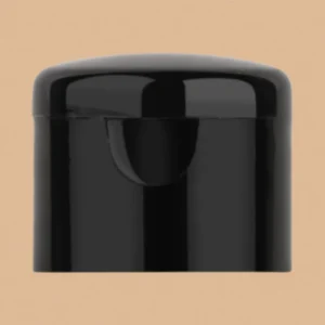 A 24mm black glossy fliptop cap for bottles.