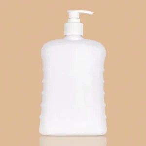 White HDPE plastic homecare bottle with a pump dispenser.