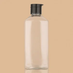 Clear 250ml rectangular PET plastic bottle with a black flip-top cap.