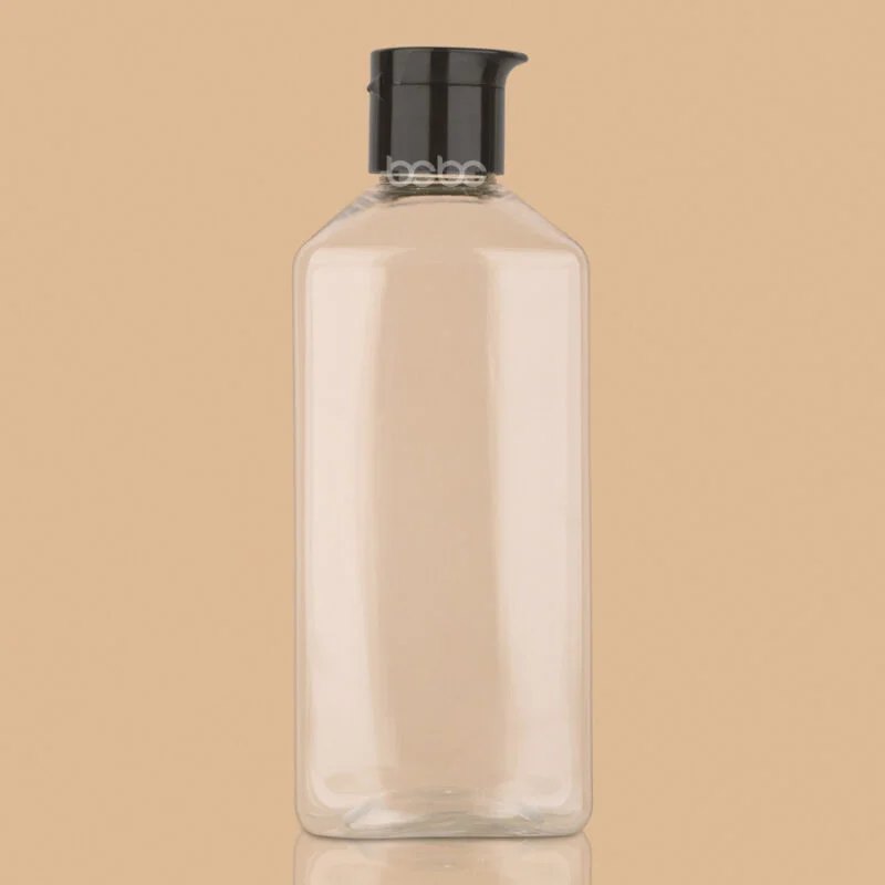 beach-250ml-24-NEC_trans-with-black-bek-cap_-1-800x800 Clear 250ml rectangular PET plastic bottle with a black flip-top cap.